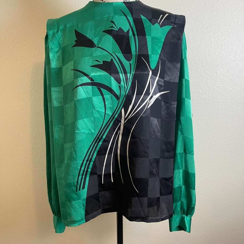 Lloyd‎ Williams Vintage 80s Green Black Checkerboard Floral Blouse Size 6